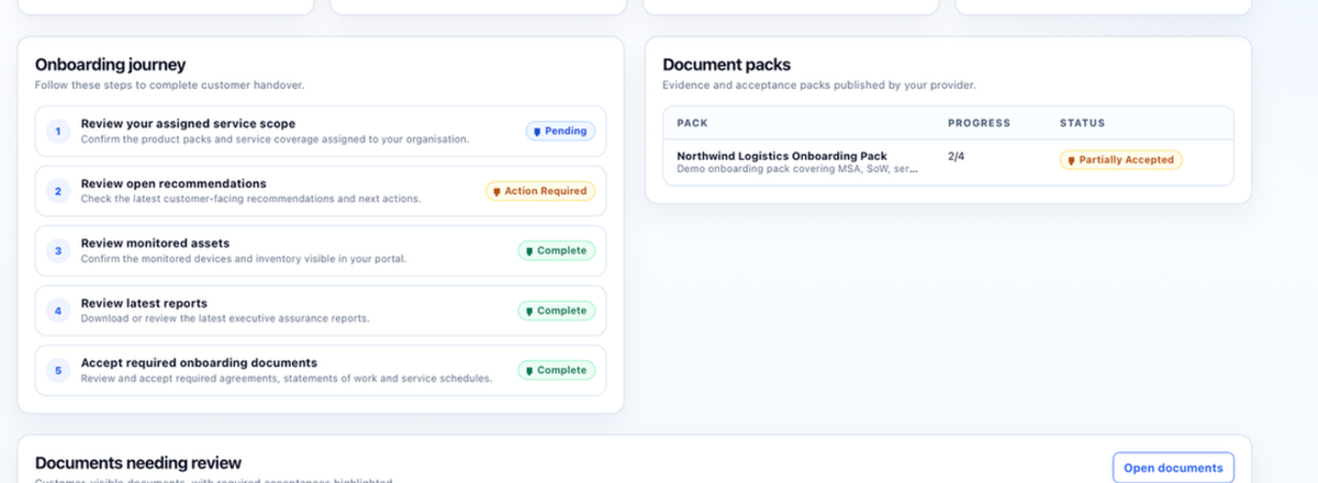 Customer portal showing onboarding actions and documents needing review