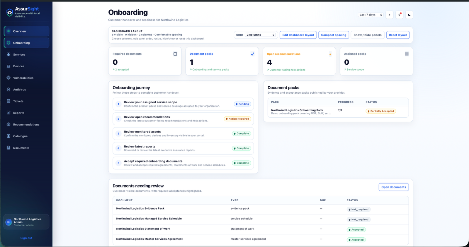 Customer onboarding portal with service scope, actions, reports and documents