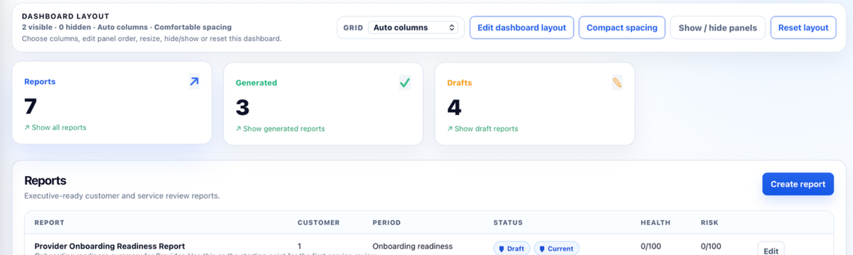 Reporting summary cards and configurable layout controls